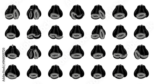 Black plastic bottle caps in four rows on white background packaging and product design elements