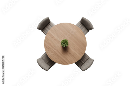 Round wooden table with four chairs and succulent