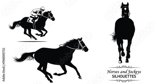Dynamic vector graphic illustration displaying three running horse silhouettes, one with a jockey.