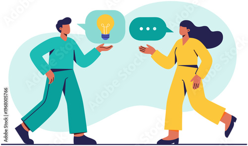 Two people discussing ideas with lightbulb and speech bubbles nearby indoors