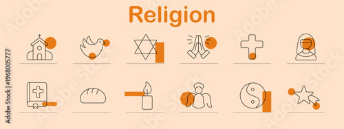 Religion set icon. Line symbols depict church building, dove bird, star symbol, praying hands, cross, nun figure, bible book, bread, candle, angel, yin yang, star sign