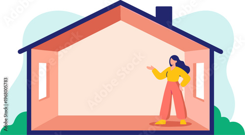A woman stands inside an empty house pointing outward.