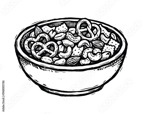 Hand drawn bowl of mixed nuts and pretzels, sketch illustration, food and drink element on transparent background