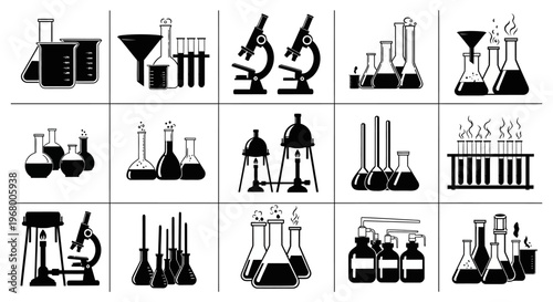 Collection of laboratory equipment icons including microscopes beakers and test tubes on white background for science and research themes