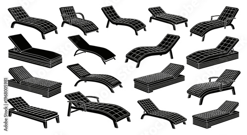 Collection of black chaise lounge chairs in various positions on white background for design and decoration
