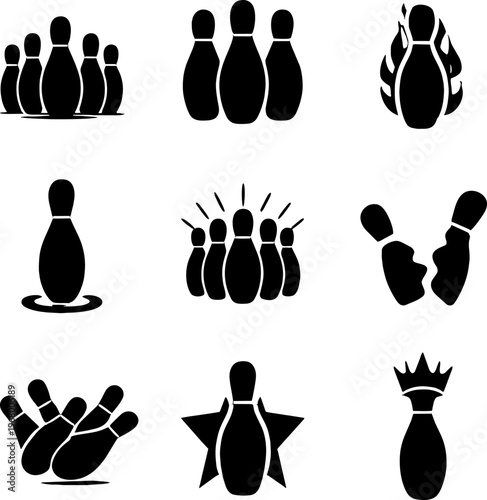 black bowling icons set with various pin and ball silhouettes