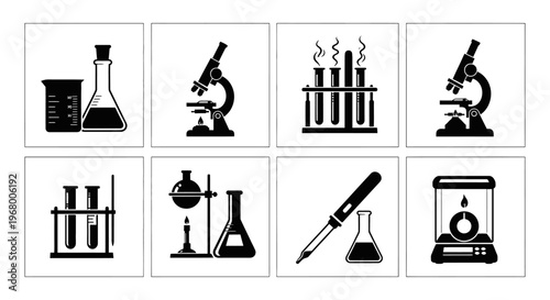 Black and white laboratory equipment icons set including beakers microscopes test tubes and pipettes on white background for science and research themes