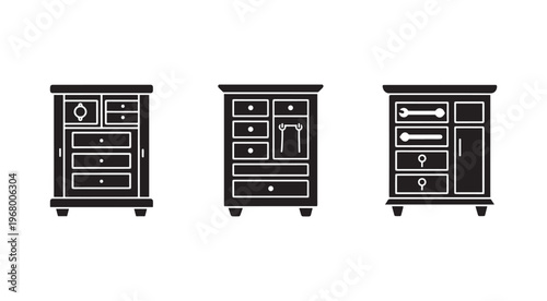 Blackandwhiteillustrationofthreedifferentdresserdrawerunitswithvarioustoolsandobjectsinsidethem  furnitureiconswithdifferenttoolsandobjectsinsidedrawers
