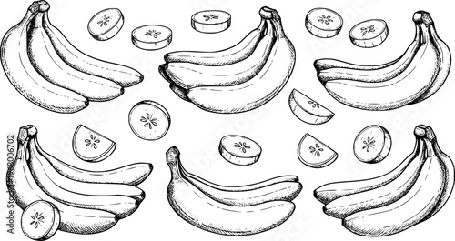 Hand Drawn Banana Bunch and Slices Pattern Black and White fruit food