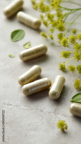 Close-up of natural herbal capsules with green leaves on a clean white background. Minimalist composition representing dietary supplements, organic medicine, wellness, and healthy lifestyle.