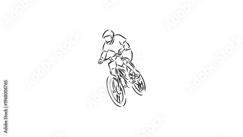 A minimalist line art illustration of a cyclist in mid-air on a bicycle