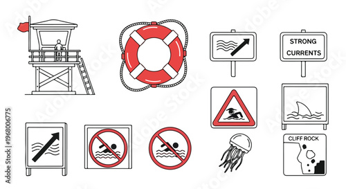 Beach safety icons and warning signs set, lifeguard tower and lifebuoy vector elements, coastal danger symbols for swimming and strong currents