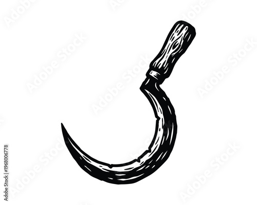 Hand drawn garden sickle tool. Sharp curved blade with wooden handle. Farm equipment drawing for work.