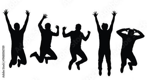 Five dynamic vector graphic illustrations depicting men happily jumping with arms raised in celebration.