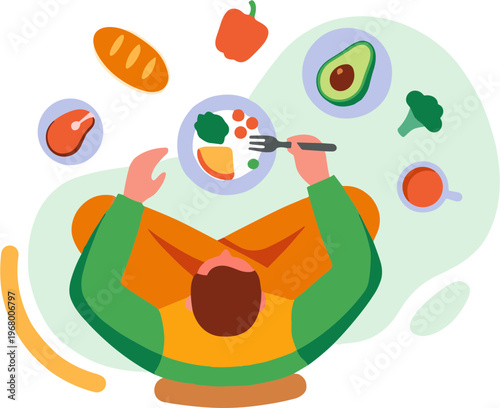 Man eating healthy food with various dishes around him on table indoors