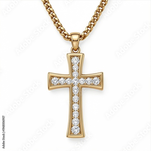 Gold Cross Necklace with Diamonds on White Background
