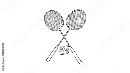 A minimalist line art illustration of badminton rackets and shuttlecocks