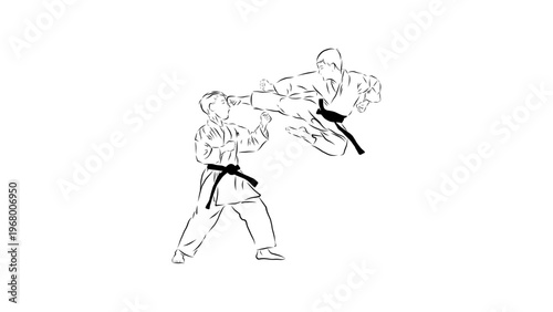 A vector graphic illustration of two karate practitioners in mid-air combat