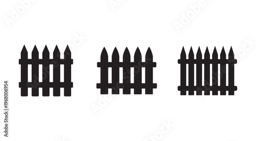 Blackfencesilhouette  threewoodenfencesections  withpointedpickets  onwhitebackground