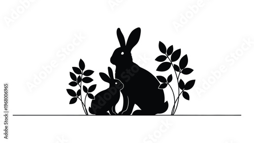 A large rabbit protects a smaller bunny amidst foliage creating a peaceful scene with striking black form silhouette high quality professional