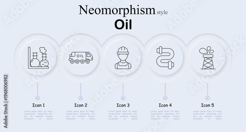 Oil set icon. Industrial refinery tanks with smoke, oil tanker truck vehicle, worker engineer helmet, pipeline pipe connector, oil drilling tower with spill drop