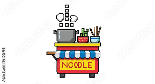 A charming pixel art illustration of a mobile noodle cart featuring a steaming pot, fresh ingredients, and a colorful striped awning.