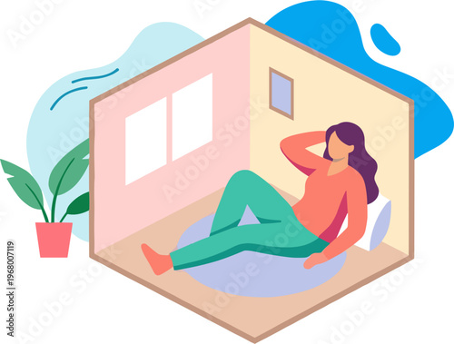 Woman reclines on a chair in a cozy house with a plant nearby indoors.