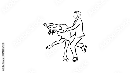 A minimalist line art illustration of a man and woman dancing together