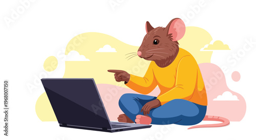A cute vector illustration of a cartoon mouse character pointing at a laptop while sitting down.