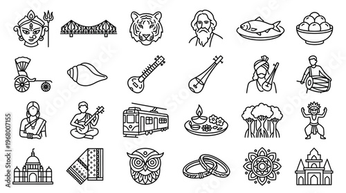 Bengali cultural heritage icons set representing Poila Baisakh on white background line art.