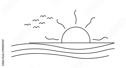 Minimalist sunset line art vector, simple ocean waves and sun setting over the horizon, flying birds in a clean landscape illustration