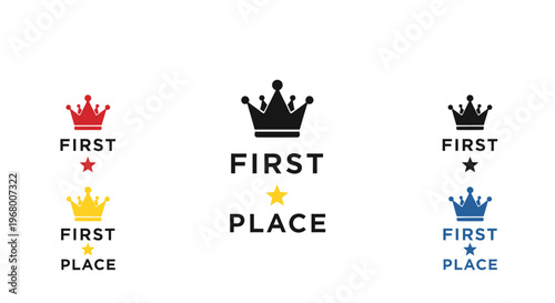 Collection of first place icons and labels in various colors.