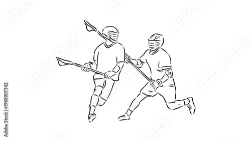 A minimalist line art illustration of two lacrosse players in action