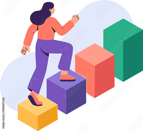Woman climbs colorful blocks with determination and progress in a vibrant setting.