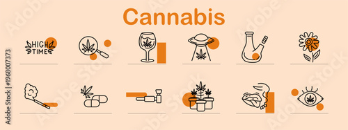 Cannabis set icon. Line symbols depict high text, cannabis leaf, wine glass, alien head, bong, flower plant, smoking joint, pills, pipe, potted plants, lips smoke, eye leaf.