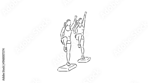 A minimalist line art illustration of two women exercising on step platforms