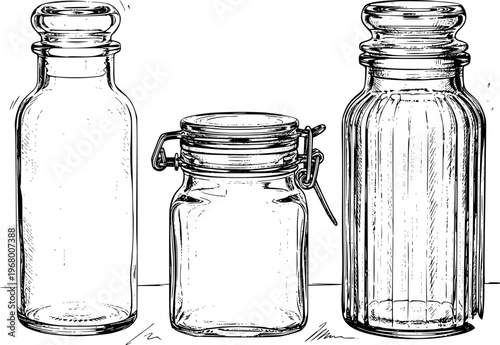 Glass jars with lids and clamps in a hand drawn style a white background container