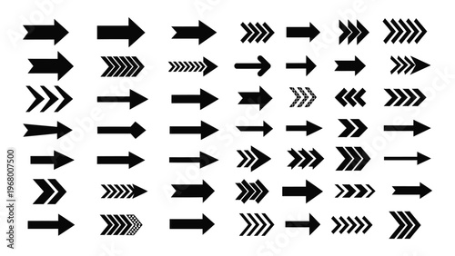 A collection of black arrows in various styles and orientations is displayed against a white background silhouette high quality professional detailed