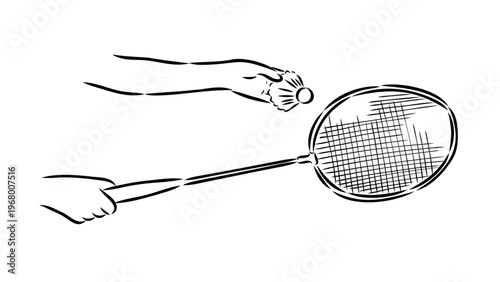 A vector graphic illustration of a hand holding a badminton racket and another hand holding a shuttlecock
