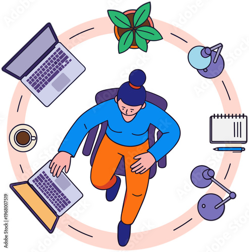 A person works on a laptop surrounded by office supplies and exercise equipment in a circle.