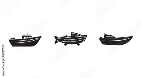 Blacksilhouetteofthreeboatsonwater  fishingvesselandfishshapedboat