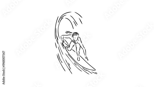 A minimalist line art illustration of a surfer riding a wave