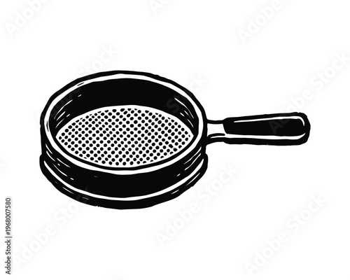 Hand drawn metal flour sifter; cooking utensil; kitchenware; black sketch illustration; isolated object