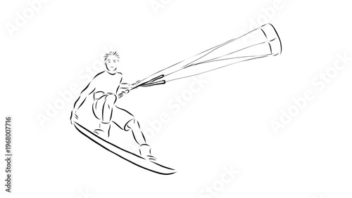 A minimalist line art illustration of a man kite surfing on a board