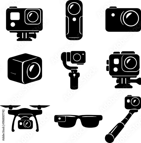 black and white vector illustration of various camera and photography 