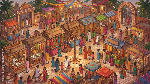 Vibrant Bengali New Year Poila Baisakh Festival Fair Illustration with People Shopping at Night Market Stalls