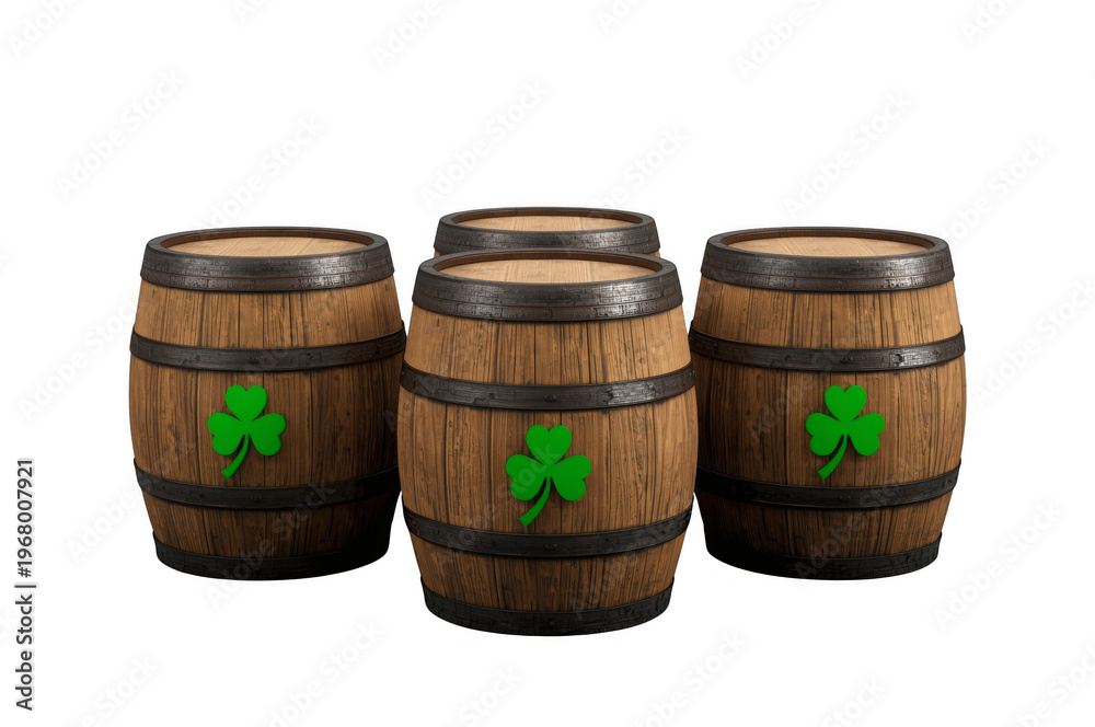 Obraz premium Wooden beer barrels with shamrock for st. Patrick's day