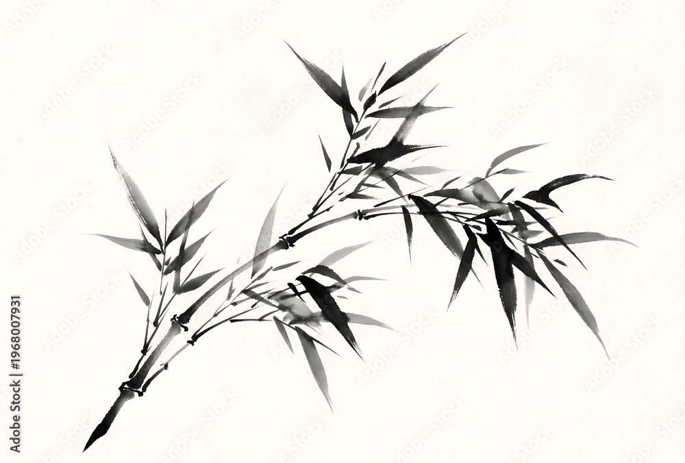 Obraz premium A traditional Chinese ink brush painting of a graceful bamboo branch with delicate leaves. Expressive and dynamic black ink brushstrokes, capturing the spirit of the plant. Spontaneous ink wash.