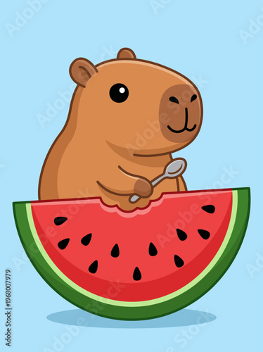 A humorous and adorable illustration featuring a capybara enjoying a slice of watermelon, symbolizing leisure and happiness, making it suitable for playful branding and whimsical designs.