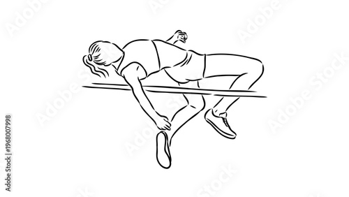 A female athlete clears a hurdle in a minimalist line art illustration